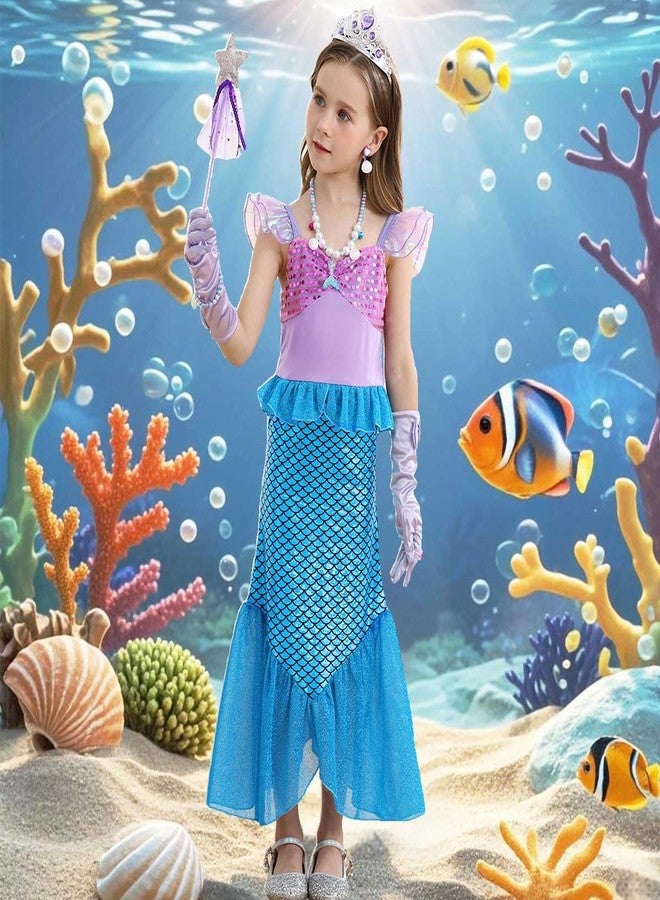 Luzlen Little Girls Mermaid Princess Costume Party Dress for Toddler Kids Baby Halloween Cosplay Dress Up with Accessories, Blue, 7-8 Years(Tag 150) - Image 2